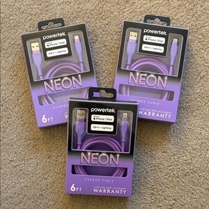 Three Powertek Neon Charge Cables - 6ft - Purple